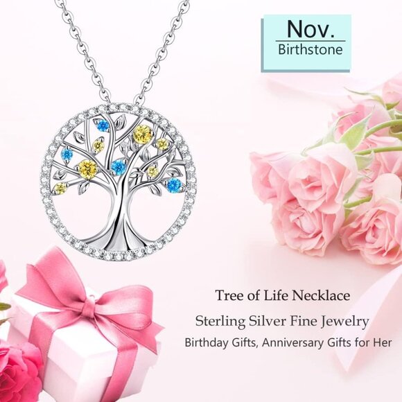 Elegant Tree of Life Necklace for Women with Citrine and Blue Topaz Sterling Sil - Picture 2 of 7
